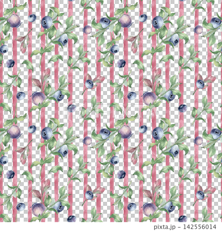 Watercolor berries on pink striped repeat background isolated. Blueberry twigs beauty seamless pattern hand drawn. Bright modern surface design with garden fruits repeat for textile or backdrop. Watercolor berries on pink striped repeat background isolated. Blueberry twigs beauty seamless pattern hand drawn. Bright modern surface design with garden fruits repeat for textile or backdrop. 142556014