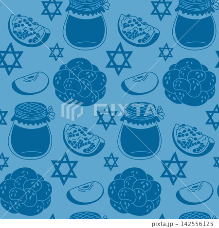Jewish pattern featuring blue background with Star of David, honey jars, pomegranates, and traditional sweets, suitable for holiday-themed designs and decorations Jewish pattern featuring blue background with Star of David, honey jars, pomegranates, and traditional sweets, suitable for holiday-themed designs and decorations 142556125