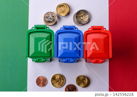 Bins for garbage, a conceptual background for selective and recycling waste disposal. Bins for trash Bins for garbage, a conceptual background for selective and recycling waste disposal. Bins for trash 142556228