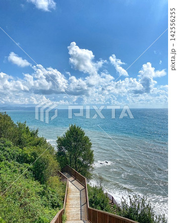 Wooden stairs leading to sea coast, blue sky, sunny day, scenic travel landscape 142556255