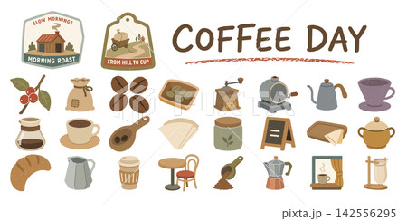 コーヒーのある暮らしのイラストセット、ミル、ケトル、カップ、焼き菓子 コーヒーのある暮らしのイラストセット、ミル、ケトル、カップ、焼き菓子 142556295