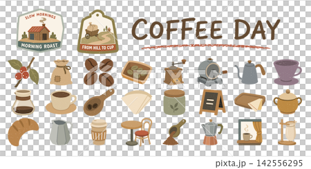 コーヒーのある暮らしのイラストセット、ミル、ケトル、カップ、焼き菓子 コーヒーのある暮らしのイラストセット、ミル、ケトル、カップ、焼き菓子 142556295