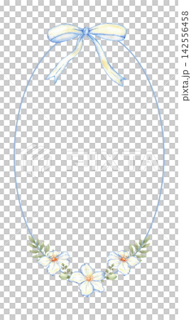 Oval blue floral frame with ribbon bow and white flowers for wedding invitation. For first communion, baptism, save the date greeting card. Hand drawn. Copy space. Isolated. Watercolor illustration Oval blue floral frame with ribbon bow and white flowers for wedding invitation. For first communion, baptism, save the date greeting card. Hand drawn. Copy space. Isolated. Watercolor illustration 142556458
