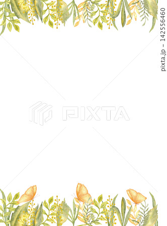 Botanical green leaf and butterfly frame template for spring invitation and stationery design for printable layouts. For first communion, baptism, save the date wedding. Hand drawn. Copy space 142556460