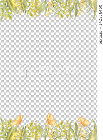 Botanical green leaf and butterfly frame template for spring invitation and stationery design for printable layouts. For first communion, baptism, save the date wedding. Hand drawn. Copy space 142556460