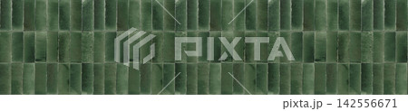 Panoramic banner of deep emerald green ceramic tiles in vertical pattern for luxury wall 142556671