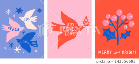 Vintage winter holiday Joy, Peace, Love greeting card collection with hand-drawn birds, snowflakes Vintage winter holiday Joy, Peace, Love greeting card collection with hand-drawn birds, snowflakes 142556693