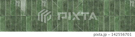 Panoramic view of modern green ceramic wall tiles arranged in vertical rectangular block grid pattern 142556701
