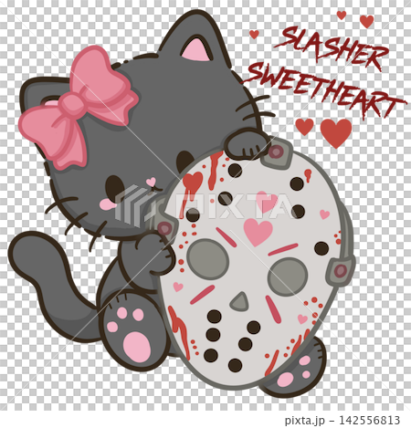 Cute Chibi Black Cat With Pink Bow Hugging Bloody Slasher Hockey Mask Slasher Sweetheart Pink Horror Halloween Kawaii Character Illustration 142556813