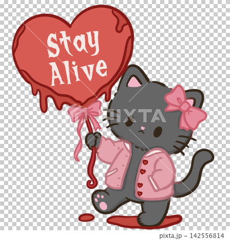 Cute Chibi Black Cat Wearing Pink Jacket Holding Bloody Heart Balloon Stay Alive Final Girl Horror Halloween Kawaii Character Illustration Cute Chibi Black Cat Wearing Pink Jacket Holding Bloody Heart Balloon Stay Alive Final Girl Horror Halloween Kawaii Character Illustration 142556814
