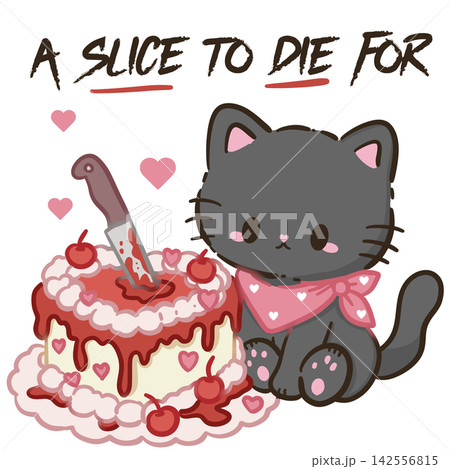 Cute Chibi Black Cat Wearing Pink Bandana Sitting Beside Bloody Heart Cake With Knife A Slice To Die For Horror Halloween Kawaii Illustration 142556815