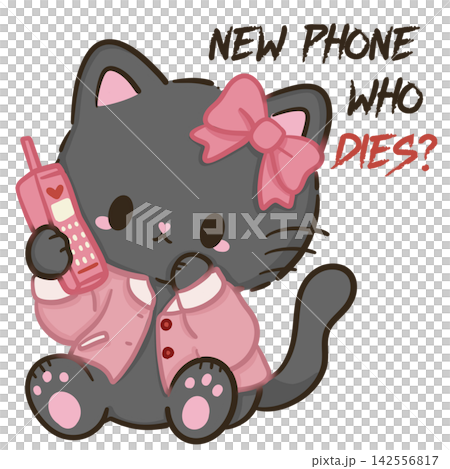 Cute Chibi Black Cat With Pink Bow Holding Retro Phone New Phone Who Dies Final Girl Pink Horror Halloween Kawaii Character Illustration 142556817