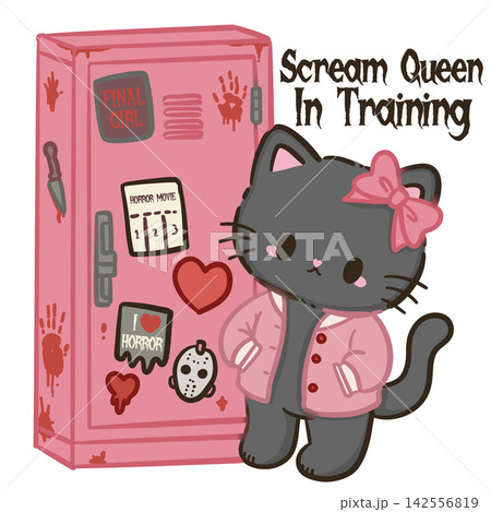 Cute Chibi Black Cat Wearing Pink Jacket Beside Horror Locker Scream Queen In Training Final Girl Halloween Kawaii Character Illustration 142556819
