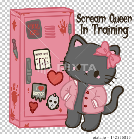 Cute Chibi Black Cat Wearing Pink Jacket Beside Horror Locker Scream Queen In Training Final Girl Halloween Kawaii Character Illustration 142556819
