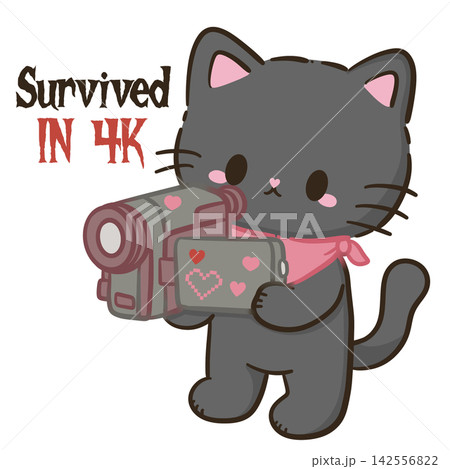 Cute Chibi Black Cat Holding Retro Camcorder Survived In 4K Final Girl Horror Movie Halloween Kawaii Character Illustration 142556822