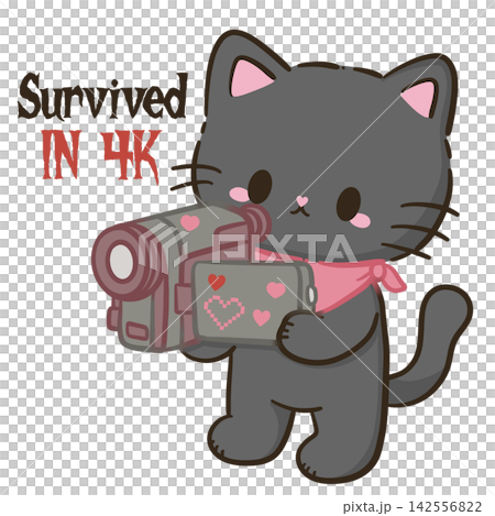 Cute Chibi Black Cat Holding Retro Camcorder Survived In 4K Final Girl Horror Movie Halloween Kawaii Character Illustration 142556822