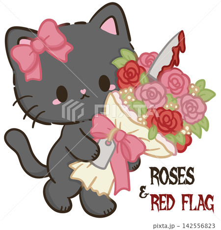 Cute Chibi Black Cat With Pink Bow Holding Bloody Rose Bouquet Roses And Red Flags Romantic Slasher Horror Halloween Kawaii Illustration Cute Chibi Black Cat With Pink Bow Holding Bloody Rose Bouquet Roses And Red Flags Romantic Slasher Horror Halloween Kawaii Illustration 142556823