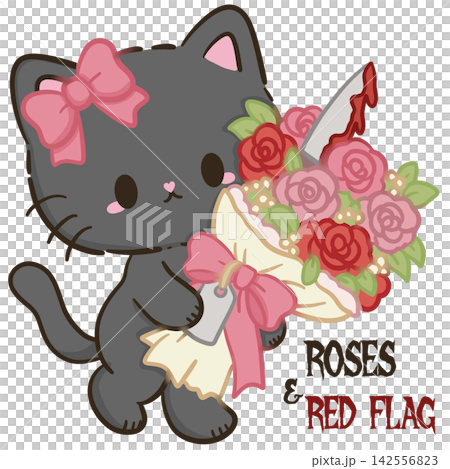 Cute Chibi Black Cat With Pink Bow Holding Bloody Rose Bouquet Roses And Red Flags Romantic Slasher Horror Halloween Kawaii Illustration Cute Chibi Black Cat With Pink Bow Holding Bloody Rose Bouquet Roses And Red Flags Romantic Slasher Horror Halloween Kawaii Illustration 142556823