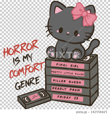 Cute Chibi Black Cat Sitting On Horror VHS Tape Stack Horror Is My Comfort Genre Final Girl Scary Movie Halloween Kawaii Illustration Cute Chibi Black Cat Sitting On Horror VHS Tape Stack Horror Is My Comfort Genre Final Girl Scary Movie Halloween Kawaii Illustration 142556825