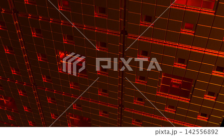 Glowing Copper Geometric Wall with Recessed Squares and Metallic Texture 3d render. Glowing Copper Geometric Wall with Recessed Squares and Metallic Texture 3d render. 142556892