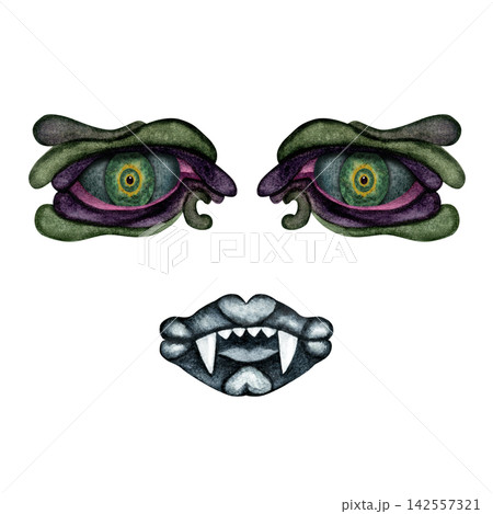 Blue Vampire Mouth with Green Fantasy Monster Eyes Blue Vampire Mouth with Green Fantasy Monster Eyes 142557321