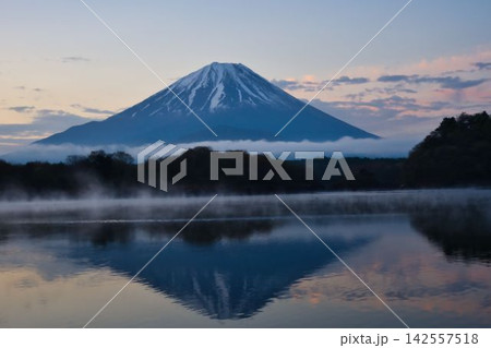 夜明けの精進湖/冠雪した富士山と静かな湖面 夜明けの精進湖/冠雪した富士山と静かな湖面 142557518