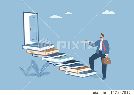 Discovering important opportunities from learning or education, Businessman climbs the book ladder to the door of opportunity, New knowledge and wisdom for great success, Development concept. 142557837