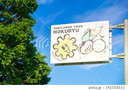 夏の北海道・北竜町ひまわりの里 案内看板 夏の北海道・北竜町ひまわりの里 案内看板 142558331