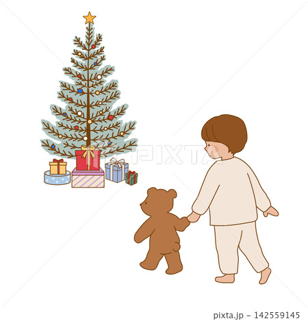 くまのぬいぐるみと手をつないでクリスマスツリーへ向かう子ども 142559145