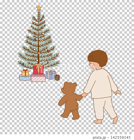 くまのぬいぐるみと手をつないでクリスマスツリーへ向かう子ども 142559145