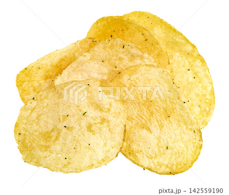 Pile of golden crispy potato chips sprinkled with green herb seasoning isolated. Crunchy fried snacks and salty appetizers close up shot for food packaging and menu design. Pile of golden crispy potato chips sprinkled with green herb seasoning isolated. Crunchy fried snacks and salty appetizers close up shot for food packaging and menu design. 142559190