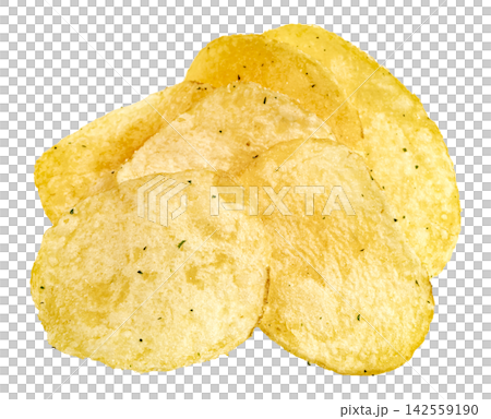 Pile of golden crispy potato chips sprinkled with green herb seasoning isolated. Crunchy fried snacks and salty appetizers close up shot for food packaging and menu design. Pile of golden crispy potato chips sprinkled with green herb seasoning isolated. Crunchy fried snacks and salty appetizers close up shot for food packaging and menu design. 142559190