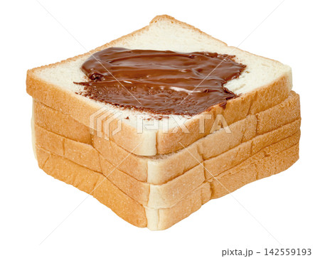 Stack of fresh white bread slices with creamy chocolate hazelnut spread on top Isolated. Ideal for breakfast, snack, food marketing, and sweet treat concepts. Stack of fresh white bread slices with creamy chocolate hazelnut spread on top Isolated. Ideal for breakfast, snack, food marketing, and sweet treat concepts. 142559193