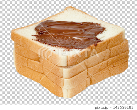 Stack of fresh white bread slices with creamy chocolate hazelnut spread on top Isolated. Ideal for breakfast, snack, food marketing, and sweet treat concepts. Stack of fresh white bread slices with creamy chocolate hazelnut spread on top Isolated. Ideal for breakfast, snack, food marketing, and sweet treat concepts. 142559193