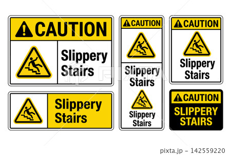 Set of caution slippery stairs warning signs isolated on white background Set of caution slippery stairs warning signs isolated on white background 142559220