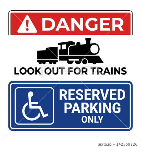 Danger look out for trains warning sign with black steam locomotive train icon and blue handicap reserved parking only sign isolated on white background 142559226