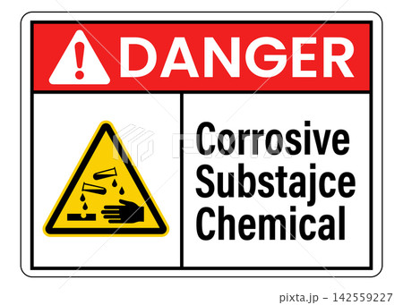 Danger corrosive substajce chemical warning safety sign with acid spill and hand hazard symbol isolated on white background 142559227