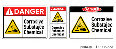 Set of three danger corrosive substajce chemical warning safety signs in various layouts and formats isolated on white background 142559228