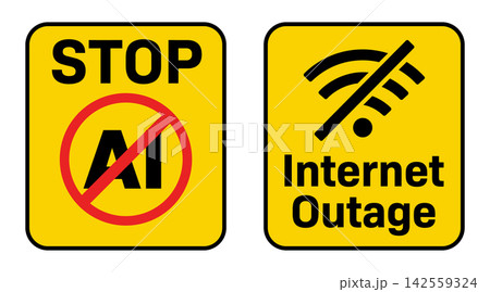 Set of yellow warning signs with stop ai and internet outage symbols isolated on white background 142559324