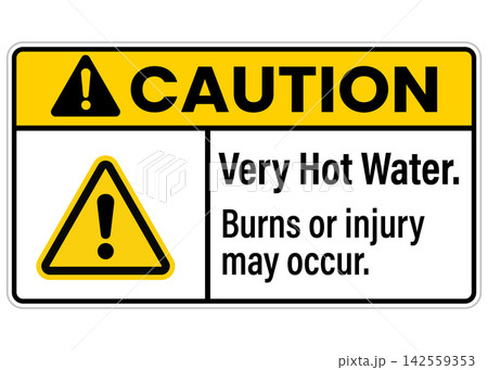 Caution very hot water safety sign, burns or injury may occur isolated on white background Caution very hot water safety sign, burns or injury may occur isolated on white background 142559353
