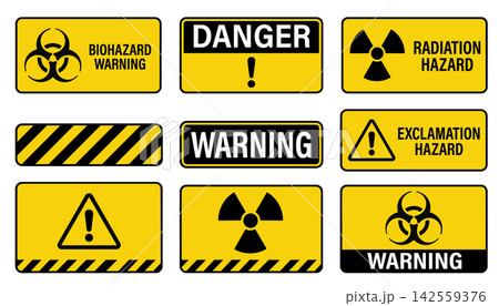 Set of yellow hazard warning signs with biohazard, radiation, danger, and exclamation symbols isolated on white background 142559376