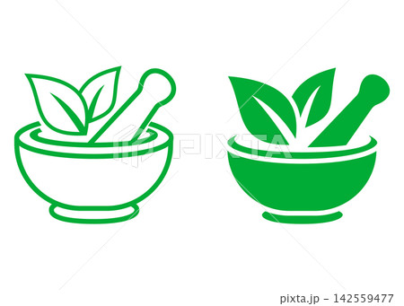 Green herbal mortar and pestle with leaves icons vector set, isolated on white background Green herbal mortar and pestle with leaves icons vector set, isolated on white background 142559477