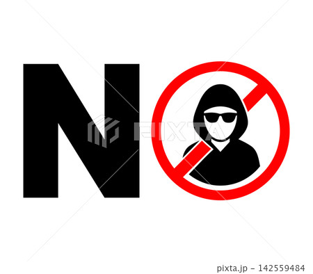 No hackers or masked person allowed sign with bold black letter n and a red prohibition circle with a hacker silhouette isolated on white background 142559484