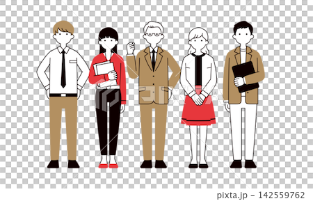 オフィスで働く複数の男女の会社員・経営者・上司・部下のシンプルな全身ベクターイラスト素材セット オフィスで働く複数の男女の会社員・経営者・上司・部下のシンプルな全身ベクターイラスト素材セット 142559762