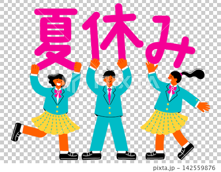 An illustration of middle and high school students happily holding up a sign that says "Summer Vacation." An illustration of middle and high school students happily holding up a sign that says "Summer Vacation." 142559876