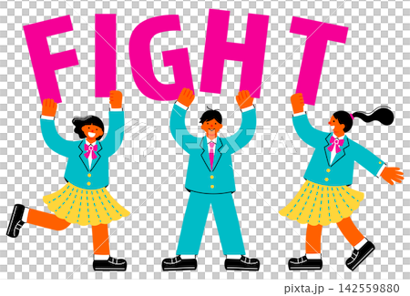 「FIGHT」の文字を掲げる中学生・高校生の男女のイラスト 「FIGHT」の文字を掲げる中学生・高校生の男女のイラスト 142559880
