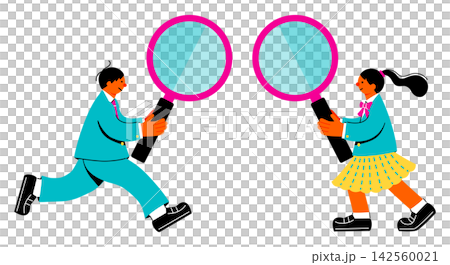 A set of pop and colorful illustrations of a female and male student holding large magnifying glasses. 142560021