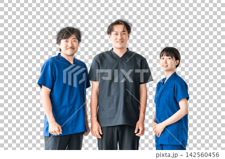 Three medical staff members smiling and standing side-by-side against a white background. A cutout image of people that can be used for team-based medical care or hospital recruitment. Three medical staff members smiling and standing side-by-side against a white background. A cutout image of people that can be used for team-based medical care or hospital recruitment. 142560456