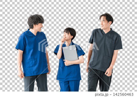 A doctor and three medical staff members communicating with smiles. A cutout image of people representing teamwork and collaboration in healthcare. A doctor and three medical staff members communicating with smiles. A cutout image of people representing teamwork and collaboration in healthcare. 142560463