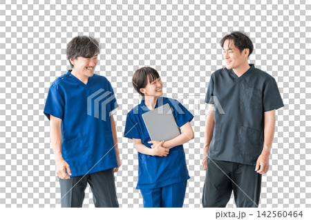 A doctor and three medical staff members communicating with smiles. A cutout image of people representing teamwork and collaboration in healthcare. A doctor and three medical staff members communicating with smiles. A cutout image of people representing teamwork and collaboration in healthcare. 142560464